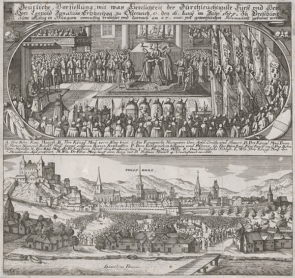 Romeyn de Hooghe, Philip Bouttats, Matthäus Merian st. – Korunovácia Leopolda I. v Bratislave v roku 1655 (dvojobraz)