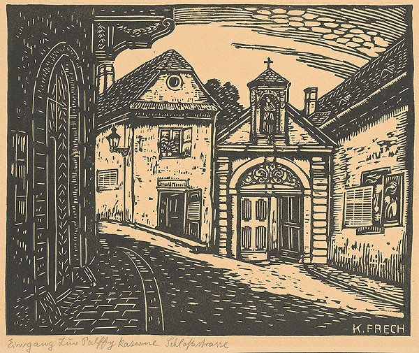 Karol Frech – Vchod do Pálffyovskej kasárne a Zámocká ulica v Bratislave 