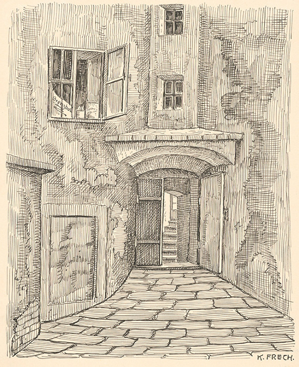 Karol Frech – Časť dvora a brána domu s Pekárskou vežou v Bratislave 