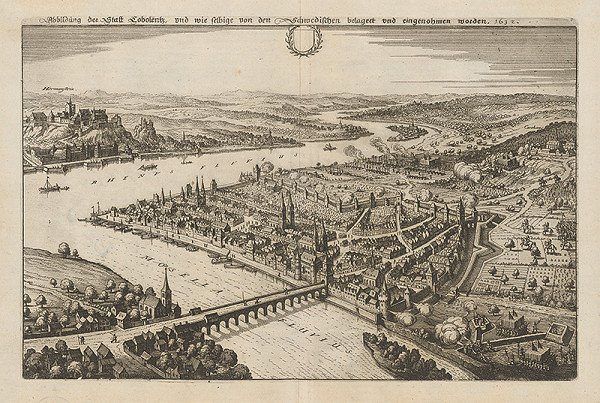 Nemecký grafik z 1. polovice 17. storočia – Obliehanie mesta Cobolentz švédskou armádou roku 1632 