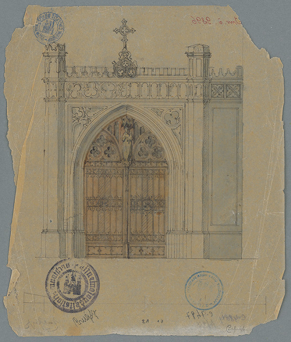 Stredoeurópsky grafik z 19. storočia – Fasáda brány cintorína sv. Ondreja v Bratislave 