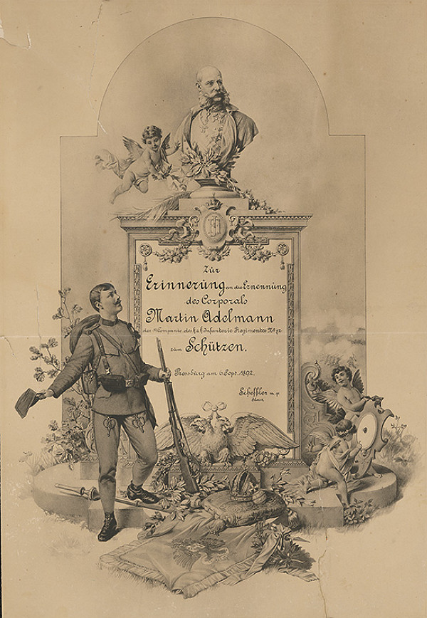 Stredoeurópsky grafik z 2. polovice 19. storočia – Pamätná listina pri vymenovaní M.Adelmanna za strážcu 