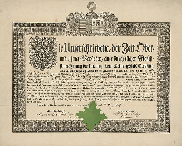 Gottfried Prixner – Bratislava - Učňovská cechová listina Ľudovíta Hagna 