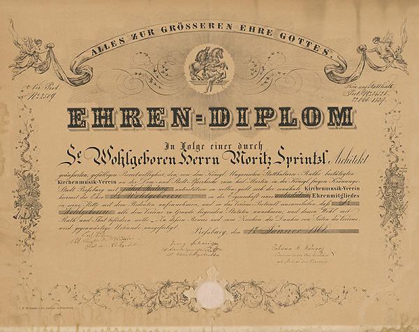 Rakúsky grafik z 19. storočia – Bratislava - Čestný diplom 