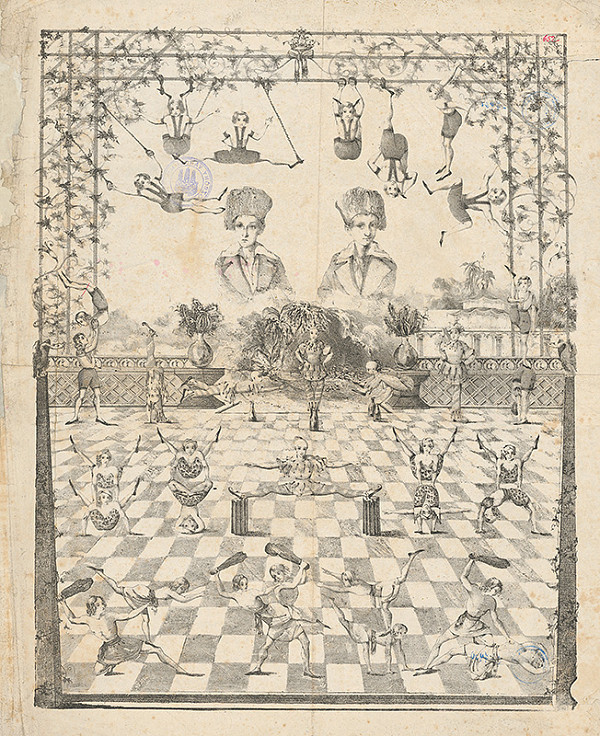 Stredoeurópsky grafik z 1. polovice 19. storočia – Akrobatické cvičenie chlapcov 