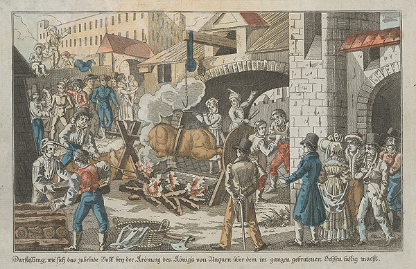 Stredoeurópsky grafik z 1. polovice 19. storočia – Veselica pri korunovácii uhorského kráľa  