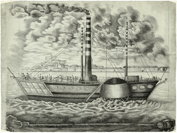 Stredoeurópsky grafik z 1. polovice 19. storočia – Prvý parník v Bratislave a pohľad na mesto z juhu 
