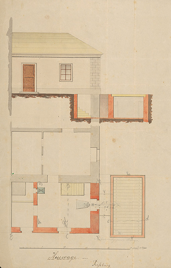 Stredoeurópsky grafik z 19. storočia – Pôdorys a fasádny plán Bratislavskej mestskej váhy 