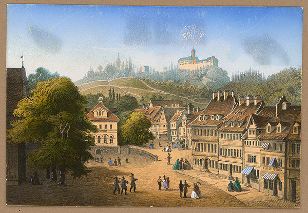 Stredoeurópsky grafik z 19. storočia – Námestie nemeckého mestečka Eisenachu v Durýnsku 