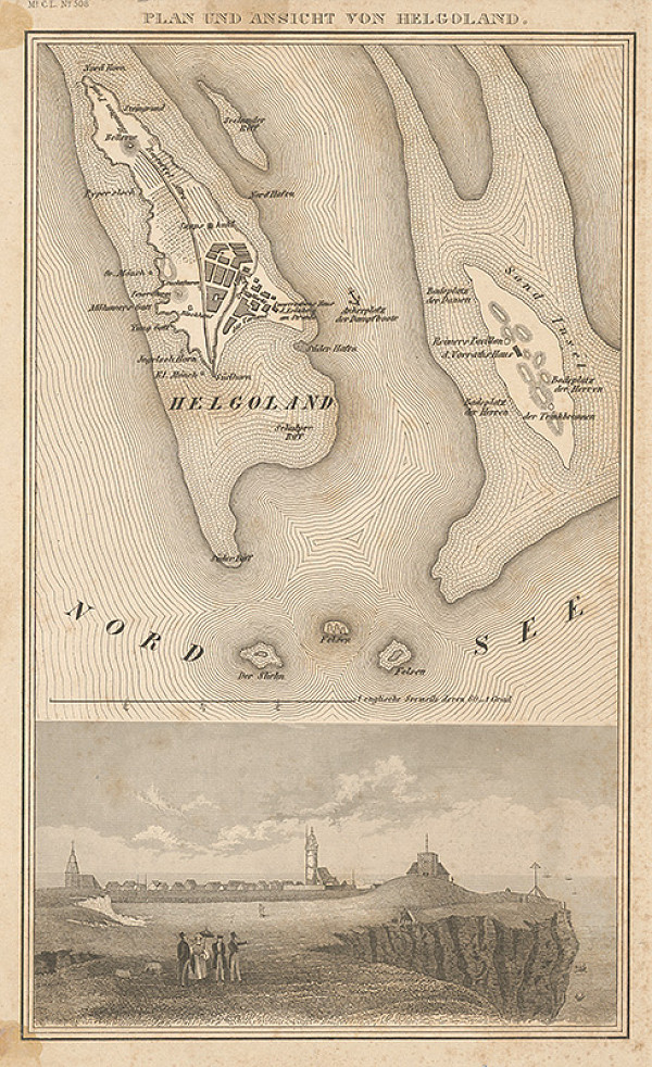 Nemecký grafik z 19. storočia – Plán a pohľad na ostrov Helgoland 