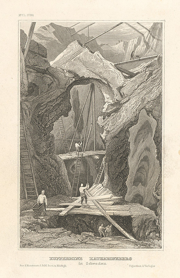 Nemecký grafik z 19. storočia – Medené bane v Katarinsbergu vo Švédsku 