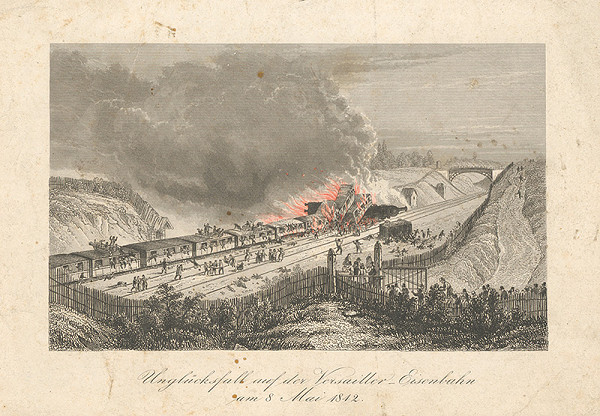 Stredoeurópsky grafik z 19. storočia – Nešťastie na železnici pri Versailles r.1842 