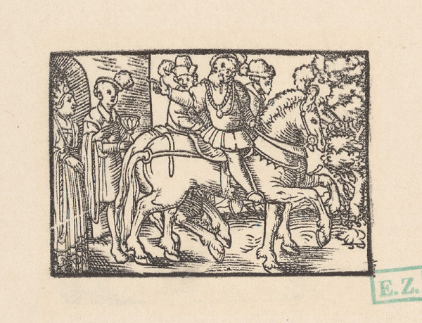 Kopisti, Hans Brosamer – Traja jazdci sa lúčia so šľachtickým párom pred hradnou bránou 