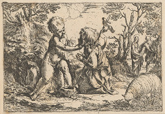 Guido Reni – Svätý Ján a malý Ježiš so Svätou Rodinou v pozadí 