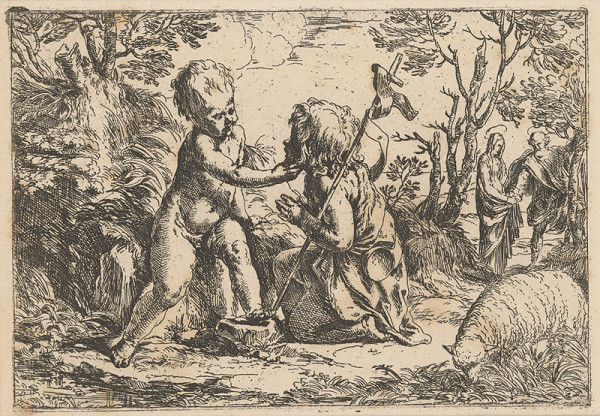 Guido Reni – Svätý Ján a malý Ježiš so Svätou Rodinou v pozadí 