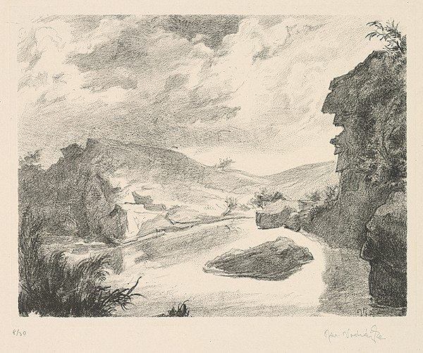 Jaroslav Vodrážka – Hornatá krajina s jazerom 