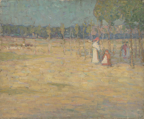 Maďarský maliar z 20. storočia – Ženy s dieťaťom pri lese 