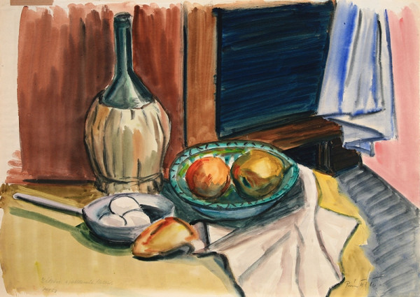 Matilda Čechová – Zátišie s jablkami a fľašou 