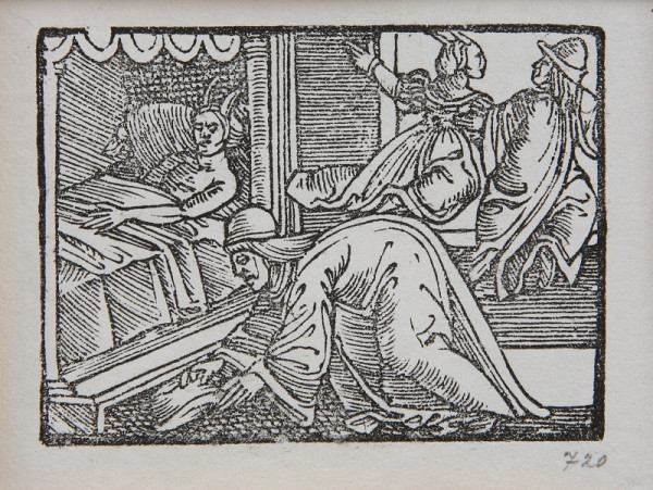 Neznámy autor – Ležiaca žena s rohmi v prítomnosti muža, ktorý kladie pod lavicu klobúk a dvojice, ktorá odlieta okonom. - Ilustrácia k histórii o Fortunatovi 