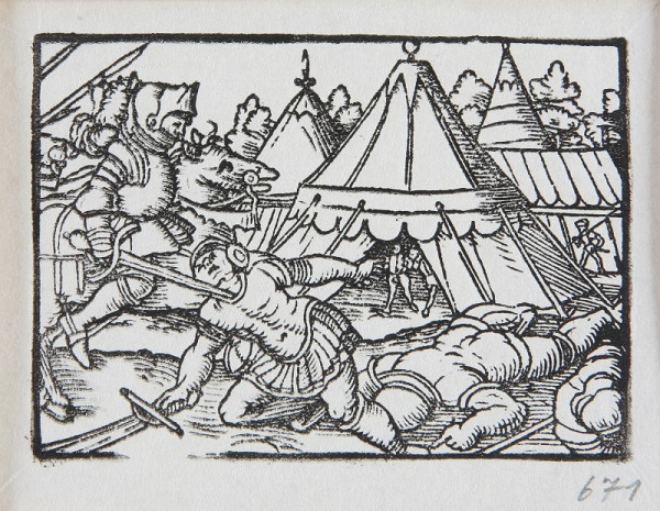 Neznámy autor – Zabitie rytiera pred stanom - Ilustrácia ku kronikám o Štylfrídovi, Bruncvíkovi a o panne Vlaste 