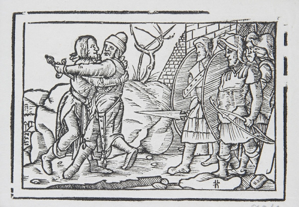 Neznámy autor – Zápas dvoch mužov, z ktorých jeden vráža do chrbta druhému meč. 