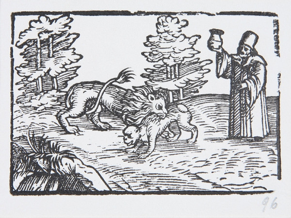 Neznámy autor – Lev a opica - Ilustrácia k Ezopovým bájkam 