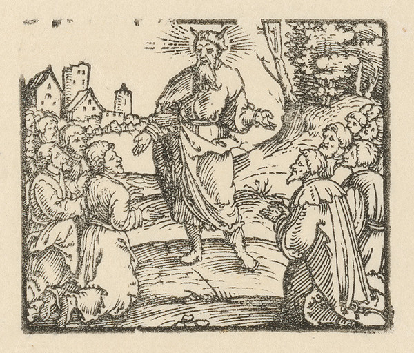 Nemecký grafik z 1. polovice 16. storočia – Mojžiš pred kľačiacim zástupom 