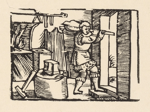 Nemecký grafik z polovice 16. storočia – Enšpígl odnáša mechy z kovárne 