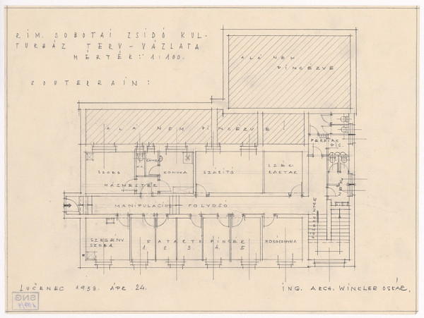 Oskár Winkler – Kultúrny dom židovskej náboženskej obce v Rimavskej Sobote. Pôdorys suterénu. M 1:100.  