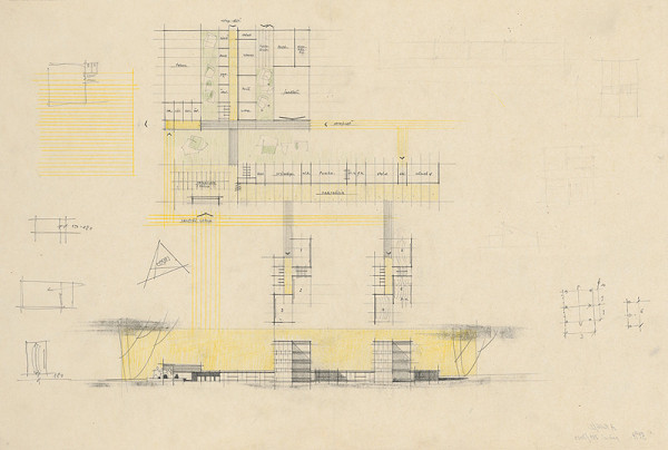Vladimír Dedeček – Návrh základnej školy. Štúdia. Pôdorys prízemia a pohľad. M nezn. 
