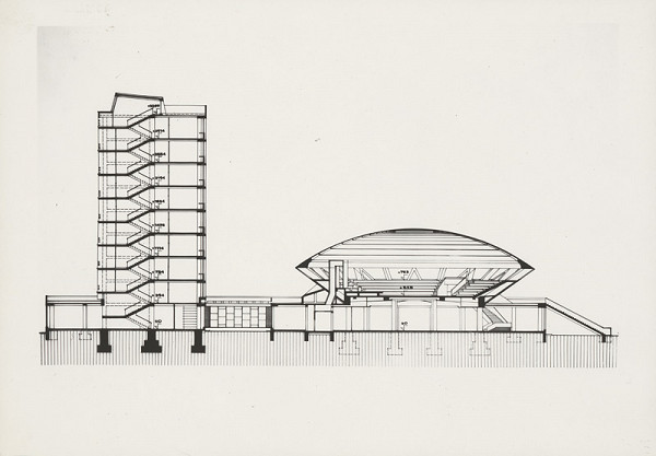 Vladimír Dedeček, Neznámy autor – Vysoká škola poľnohospodárska v Nitre. Rez pavilónom PA - aula. M nezn. (pôv.) 