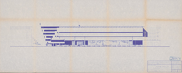 Vladimír Dedeček – Dostavba areálu SNG zo strany Rázusovho nábrežia a Paulíniho ulice – 3. a 4. stavba. Štúdia súboru stavieb. Pohľad P 3. M 1:200. 