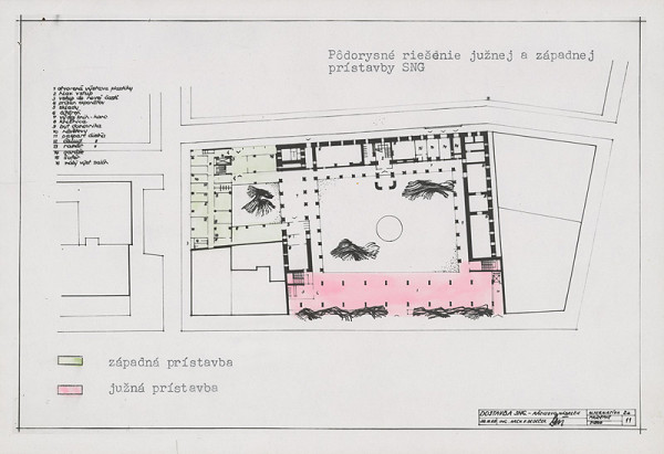 Vladimír Dedeček, Neznámy autor – Rekonštrukcia a dostavba Slovenskej národnej galérie v Bratislave. Štúdia. Alternatíva 2a. Pôdorys prízemia. M 1:500 (pôv.)  