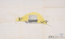 Vladimír Dedeček – Slovenský národný archív v Bratislave. Investičná štúdia k projektovej úlohe. Bočný pohľad. M 1:500. 