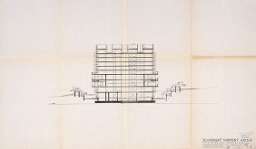 Vladimír Dedeček – Slovenský národný archív v Bratislave. Súhrnné projektové riešenie. Rez 2. M 1:200. 