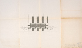 Vladimír Dedeček – Slovenský národný archív v Bratislave. Súhrnné projektové riešenie. Čelný pohľad. M 1:200. 