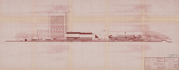 Vladimír Dedeček – Viacúčelové výstavné zariadenie v Bratislave – Petržalke. Viacúčelová športová hala. Investičný zámer – štúdia, 2. variant. Východný pohľad. M 1:500. 