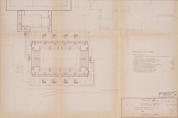 Vladimír Dedeček – Viacúčelové výstavné zariadenie v Bratislave – Petržalke. Viacúčelová športová hala. Projektová úloha. Pôdorys p+1,5 = +3,500. M 1:500. 