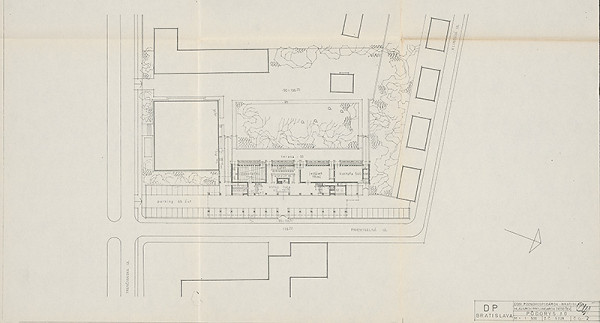 Vladimír Dedeček – Dom poľnohospodárov v Bratislave. Projektová úloha. Pôdorys +-0. M 1:500. 