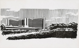 Vladimír Dedeček, Stanislav Talaš, Neznámy autor – Súťažný návrh na nemocnicu s poliklinikou v Bratislave – Petržalke. Perspektívny pohľad. 