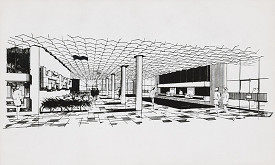 Vladimír Dedeček, Stanislav Talaš, Neznámy autor – Súťažný návrh na nemocnicu s poliklinikou v Bratislave – Petržalke. Perspektívny pohľad do interiéru. 