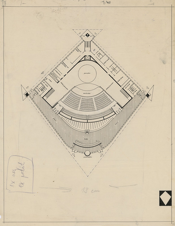 Ivan Matušík – Súťažný návrh na Dom umenia v Piešťanoch. Pôdorys prízemia. M nezn.  