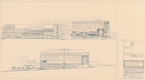 Ivan Matušík – Hotel na Mierovom námestí v Bratislave. Projektová úloha. Pohľad z Poštovej a Obchodnej ulice. M 1:200. 