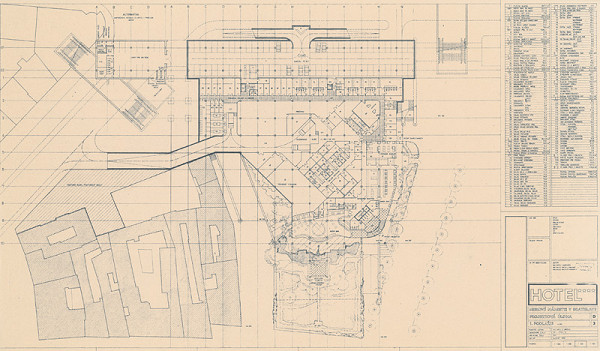 Ivan Matušík – Hotel na Mierovom námestí v Bratislave. Projektová úloha. Pôdorys 1. Podlažia = -4,200. M 1:200. 