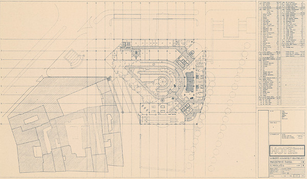 Ivan Matušík – Hotel na Mierovom námestí v Bratislave. Projektová úloha. Pôdorys 2. podlažia. M 1:200. 