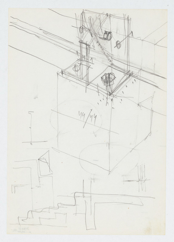 Ivan Matušík – Rodinný dom Xénie a Martina Lettrichovcov na Rybárskej ceste 23 v Senci. Štúdia. Perspektívny pohľad na kuchynské zariadenie so šporákom.   
