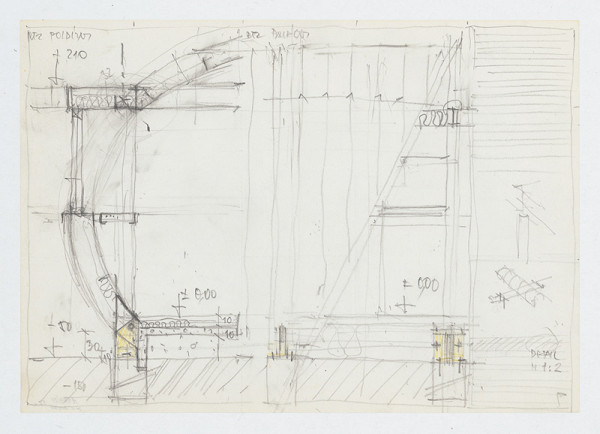 Ivan Matušík – Rodinný dom Xénie a Martina Lettrichovcov na Rybárskej ceste 23 v Senci. Štúdia. Pozdĺžny  a priečny rez - detail. M 1:2. 