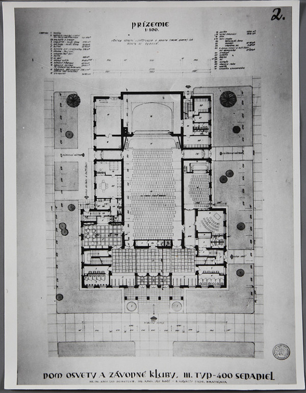 Ladislav Beisetzer, Ján Kočí, Fakulta architektúry a pozemného staviteľstva SVŠT v Bratislave, Neznámy autor – Návrh domu osvety a závodných klubov, III.typ - 400 sedadiel. Pôdorys prízemia (M1:100) 