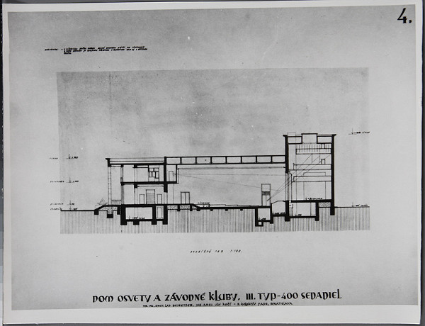 Ladislav Beisetzer, Ján Kočí, Fakulta architektúry a pozemného staviteľstva SVŠT v Bratislave, Neznámy autor – Návrh domu osvety a závodných klubov, III.typ - 400 sedadiel. Pozdĺžny rez (M1:100) 