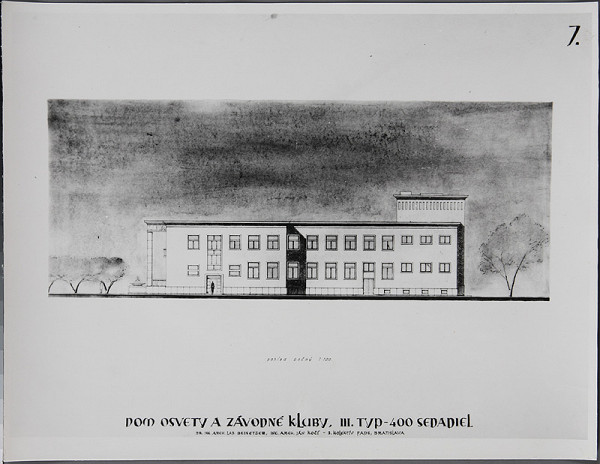 Ladislav Beisetzer, Ján Kočí, Fakulta architektúry a pozemného staviteľstva SVŠT v Bratislave, Neznámy autor – Návrh domu osvety a závodných klubov, III.typ - 400 sedadiel. Bočný pohľad (M1:100) 